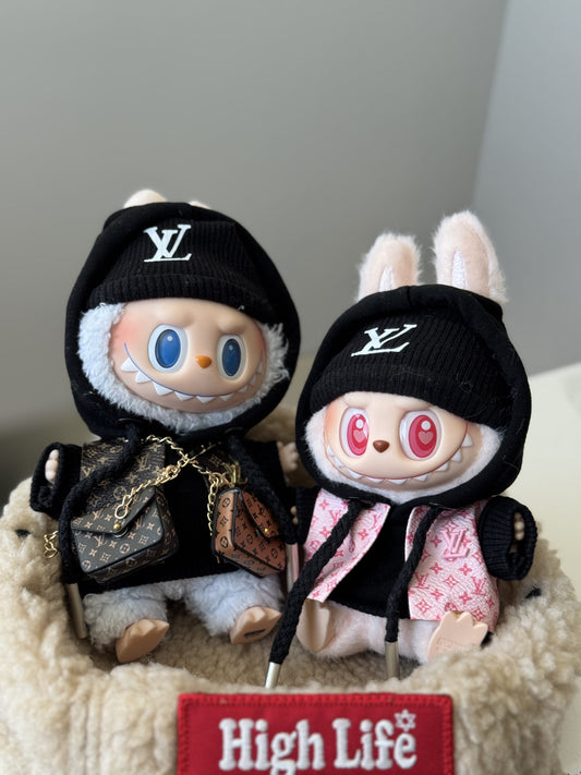 Brown Monogram Vest & Black Hoodie Hat Labubu Outfit – LV Inspired